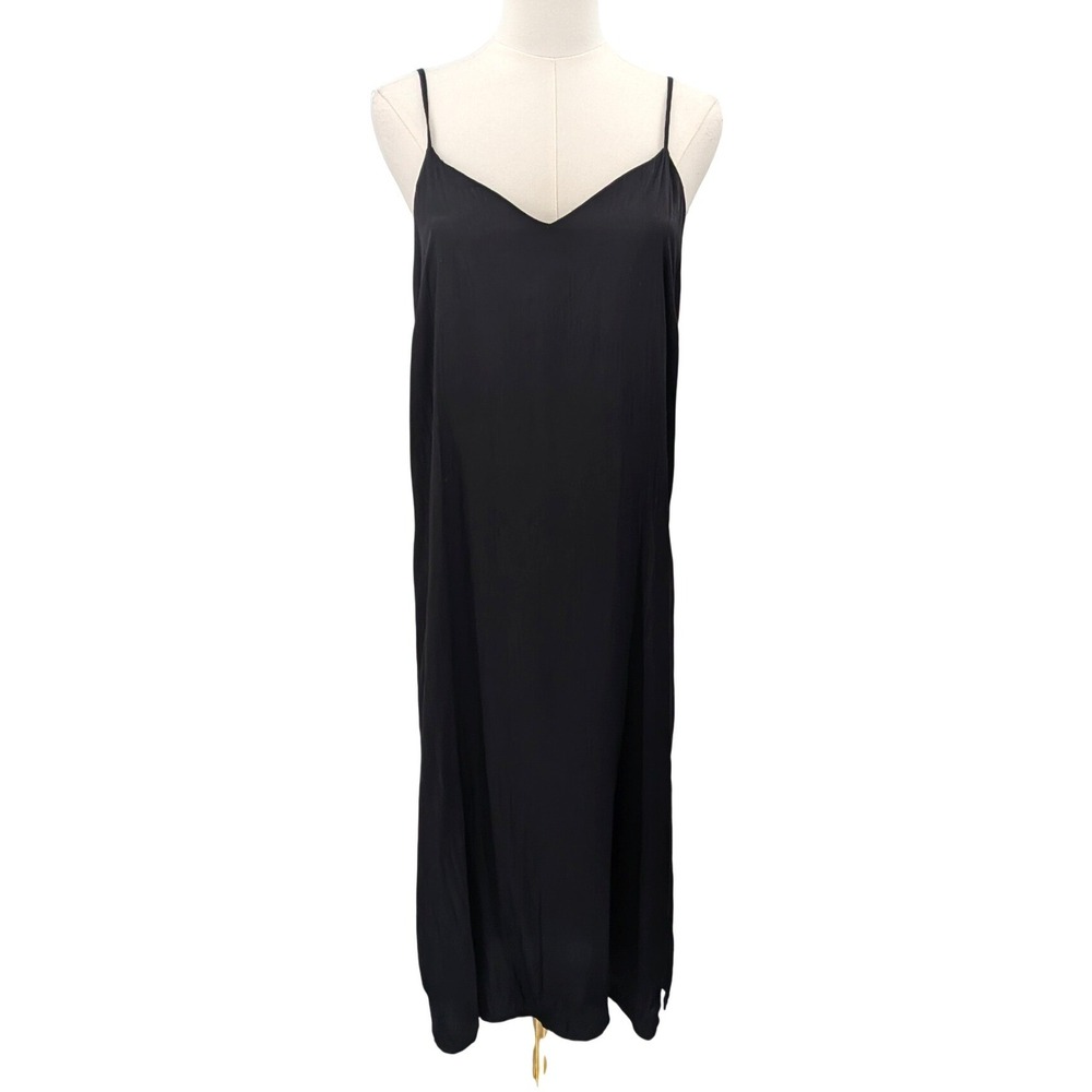 Black Cupro Slip Dress Midi Spaghetti Strap Minimalist Lounge M